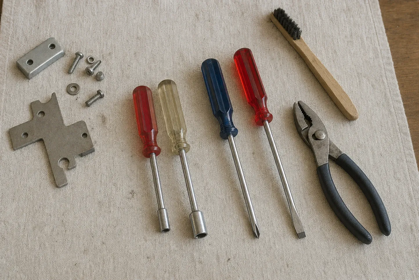 Nut drivers, screwdrivers, slip-joint pliers and a wire brush laid out on linen beside a sheet-metal bracket and loose screws