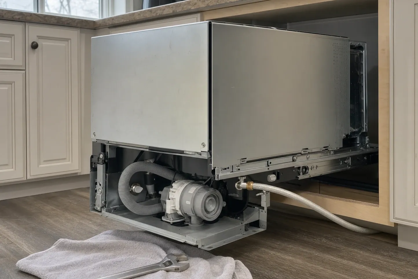 Dishwasher pulled out of its cabinet opening with the outer panel off, circulation pump, drain hose and fill line exposed