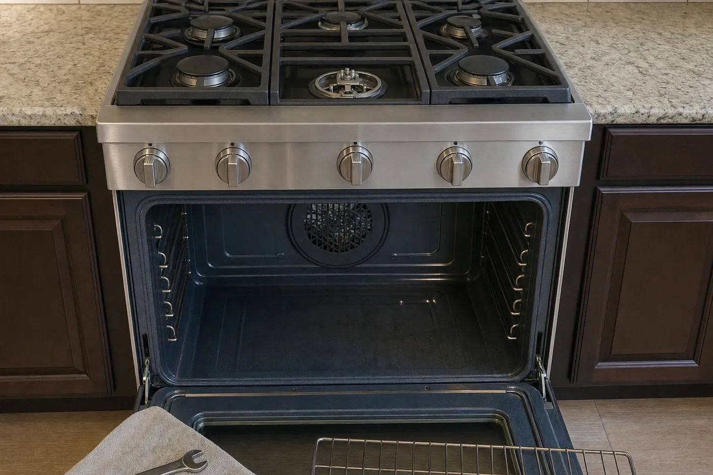 Five sealed burners under cast-iron grates on a stainless range, centre burner cap lifted off, oven door open below
