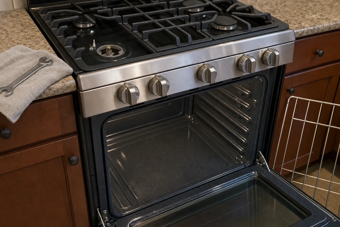 Gas range on a stone run with one burner stripped to its base, the igniter and gas port bare, oven door open below