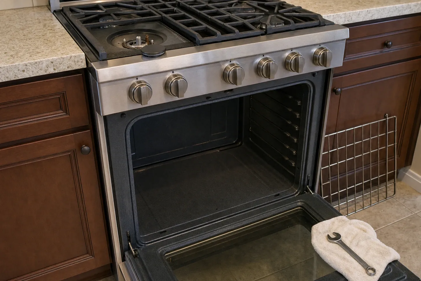 Stripped burner opening on a stainless rangetop showing the igniter and the gas orifice, six control knobs along the rail