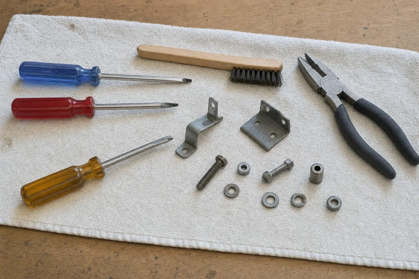 Two galvanised angle brackets with bolts, nuts, washers and a spacer sleeve beside three screwdrivers and long-nose pliers