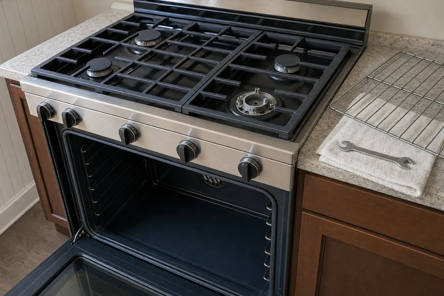 Stainless gas range seen from above with one burner opened up, its base and igniter bare under the cast-iron grates