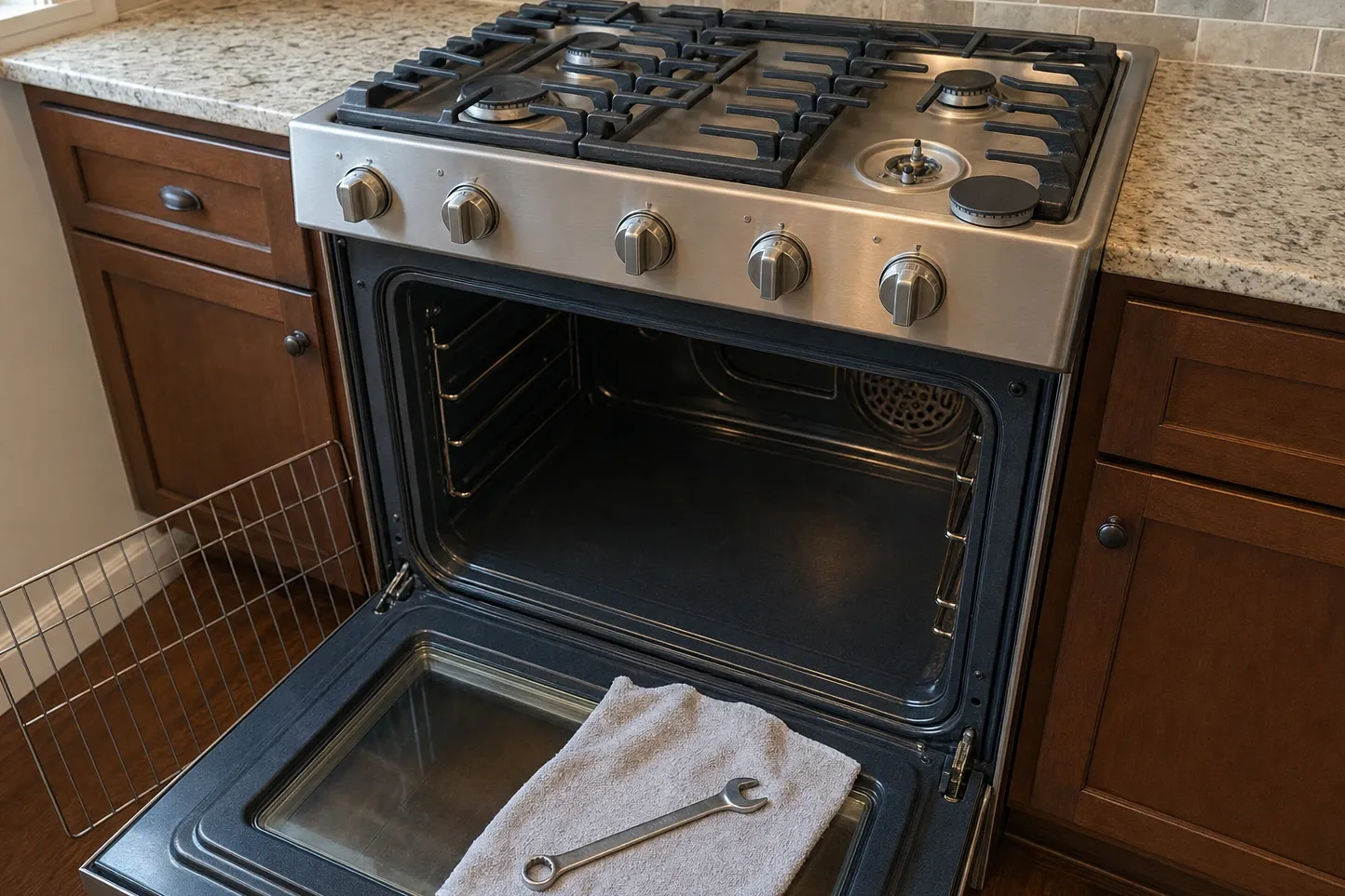 Burner cap lifted off and resting on the cooktop beside the open burner base, oven door down on an empty cavity